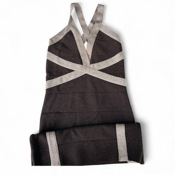 bebe Dresses & Skirts - Bebe Black & Silver Metallic Bandage Dress | Size XS